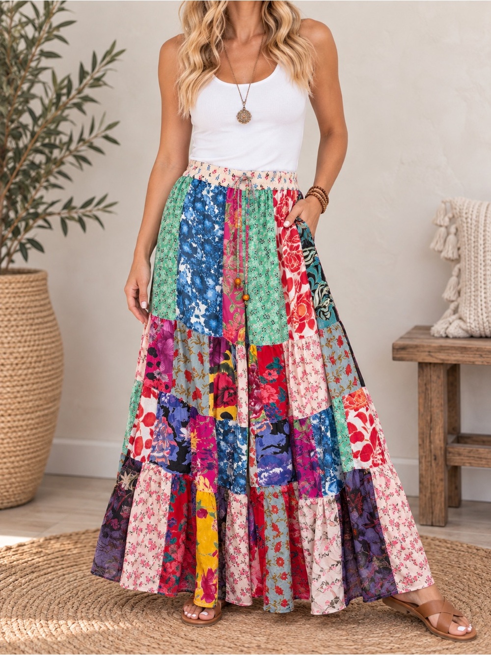 414. PLUS Women's Plus Floral Boho Retro Flared Patchwork Pants